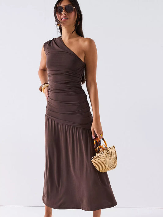 gordon-One Shoulder Ruched Dress - Brown