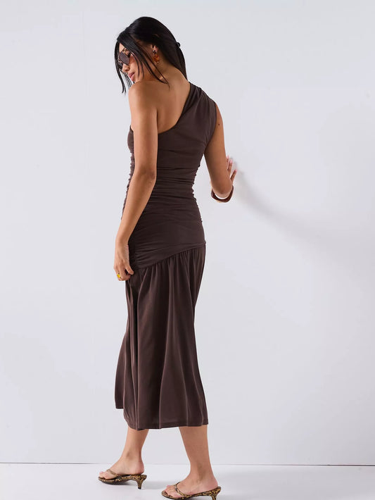 gordon-One Shoulder Ruched Dress - Brown